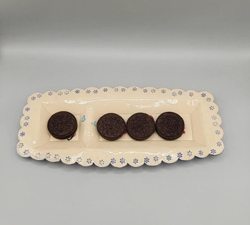 Large Hand Painted, Double Compartment Platter with Imprinted Snowflake Boarder and Penguins