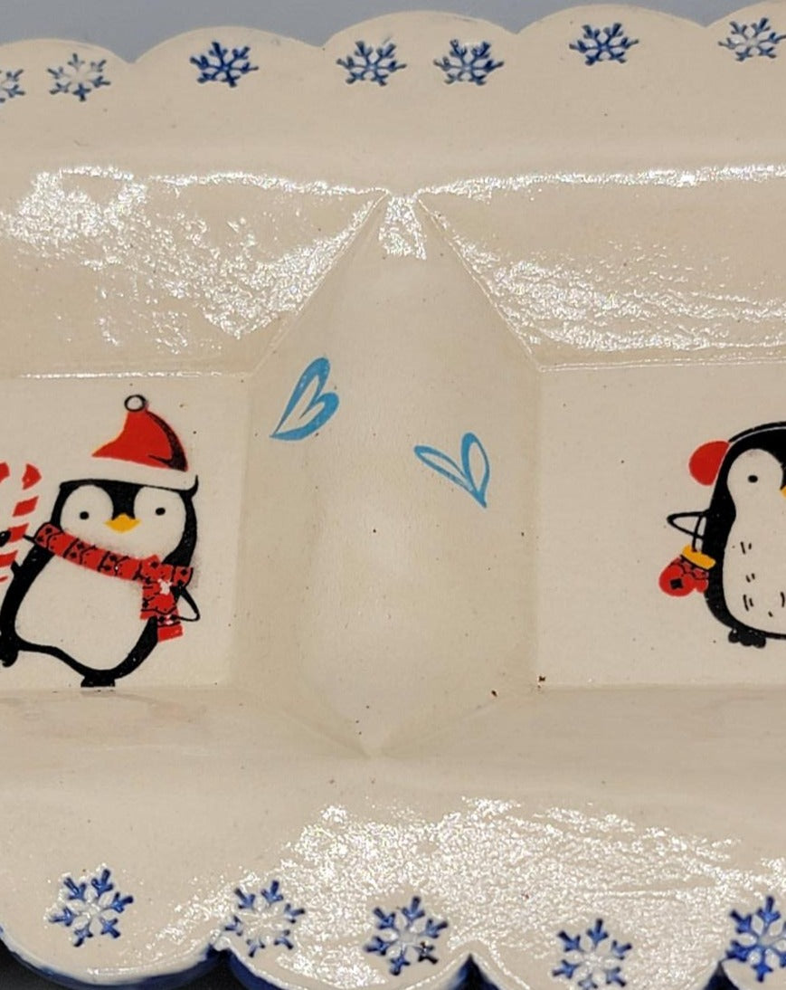 Large Hand Painted, Double Compartment Platter with Imprinted Snowflake Boarder and Penguins