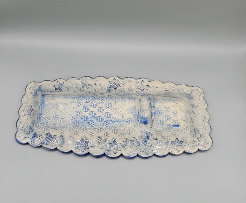 Large Hand Painted, Double Compartment Platter with Imprinted Snowflake Boarder and Penguins