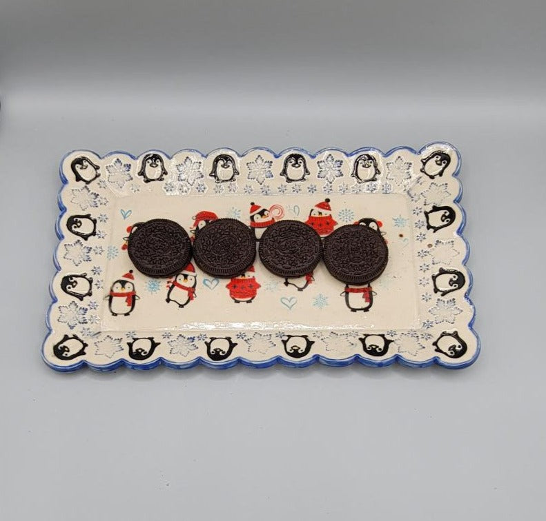 X-Large Hand Painted Platter with Imprinted Penguins Boarder and Penguins