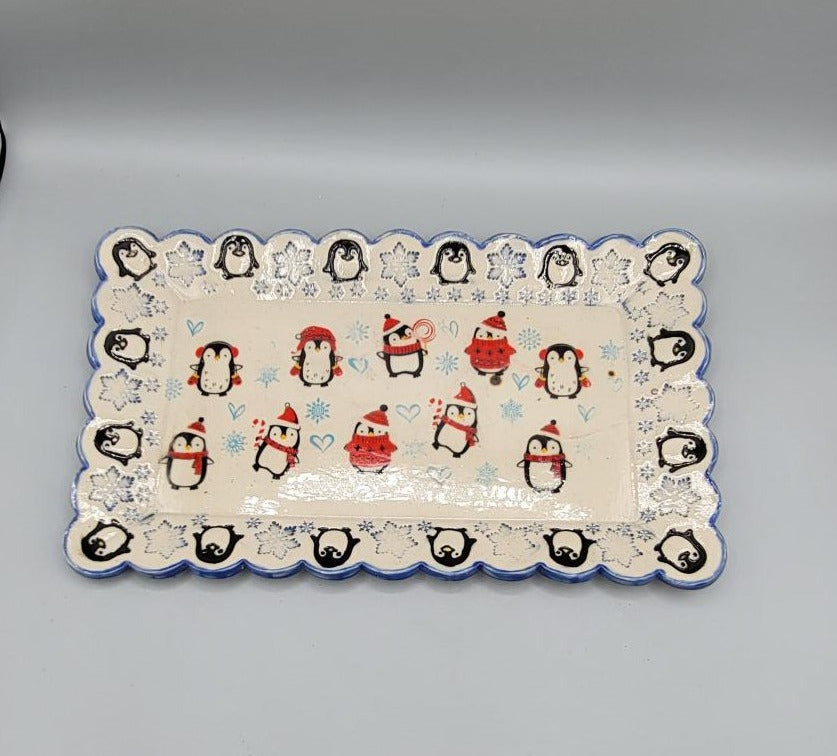X-Large Hand Painted Platter with Imprinted Penguins Boarder and Penguins