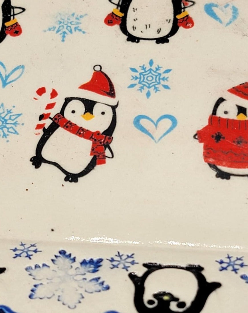 X-Large Hand Painted Platter with Imprinted Penguins Boarder and Penguins