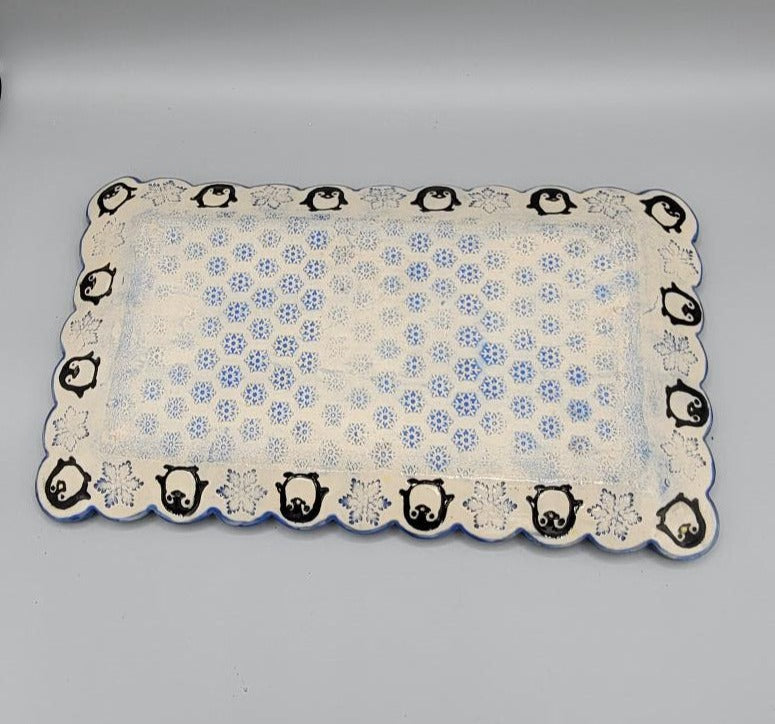 X-Large Hand Painted Platter with Imprinted Penguins Boarder and Penguins