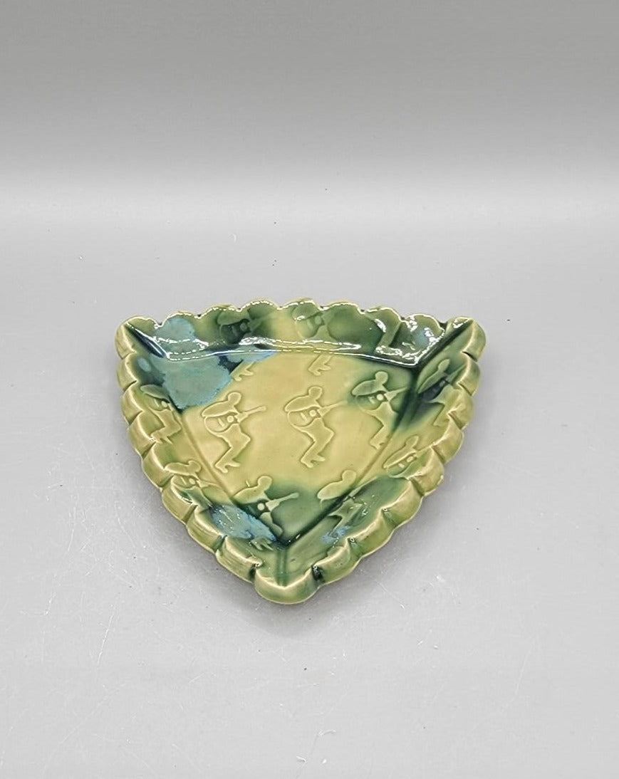 4 inch Embossed Dancing Daves Scalloped Triangle Trinket Dish Pistashio
