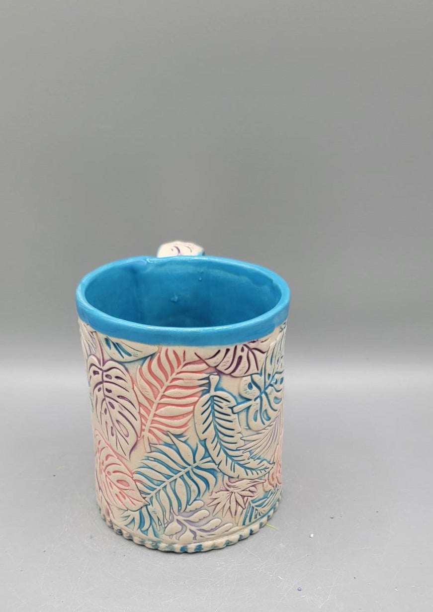 14-15 oz Hand Painted Embossed Monstera Mug