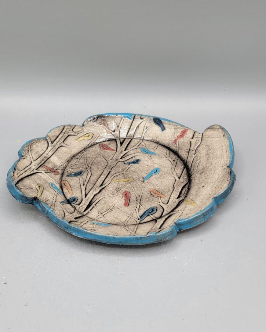 7x6 inch Hand Painted Embossed Birds in Forest Fancy Square Trinket Dish