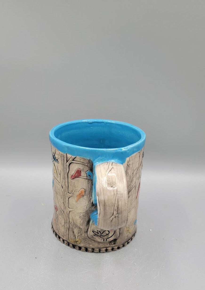 14-15oz Hand Painted, Embossed Birds in Forest Ceramic Mug