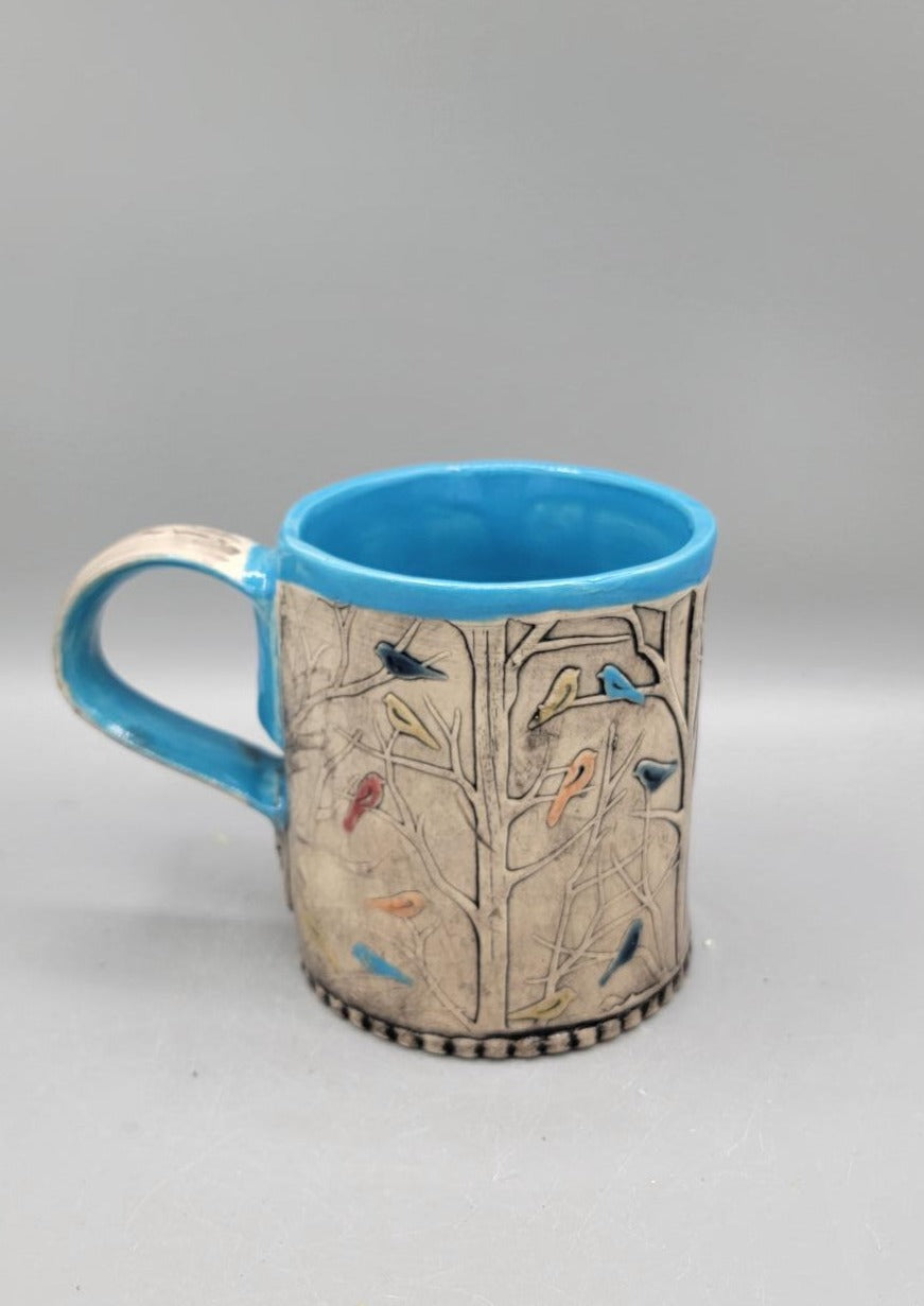 14-15oz Hand Painted, Embossed Birds in Forest Ceramic Mug