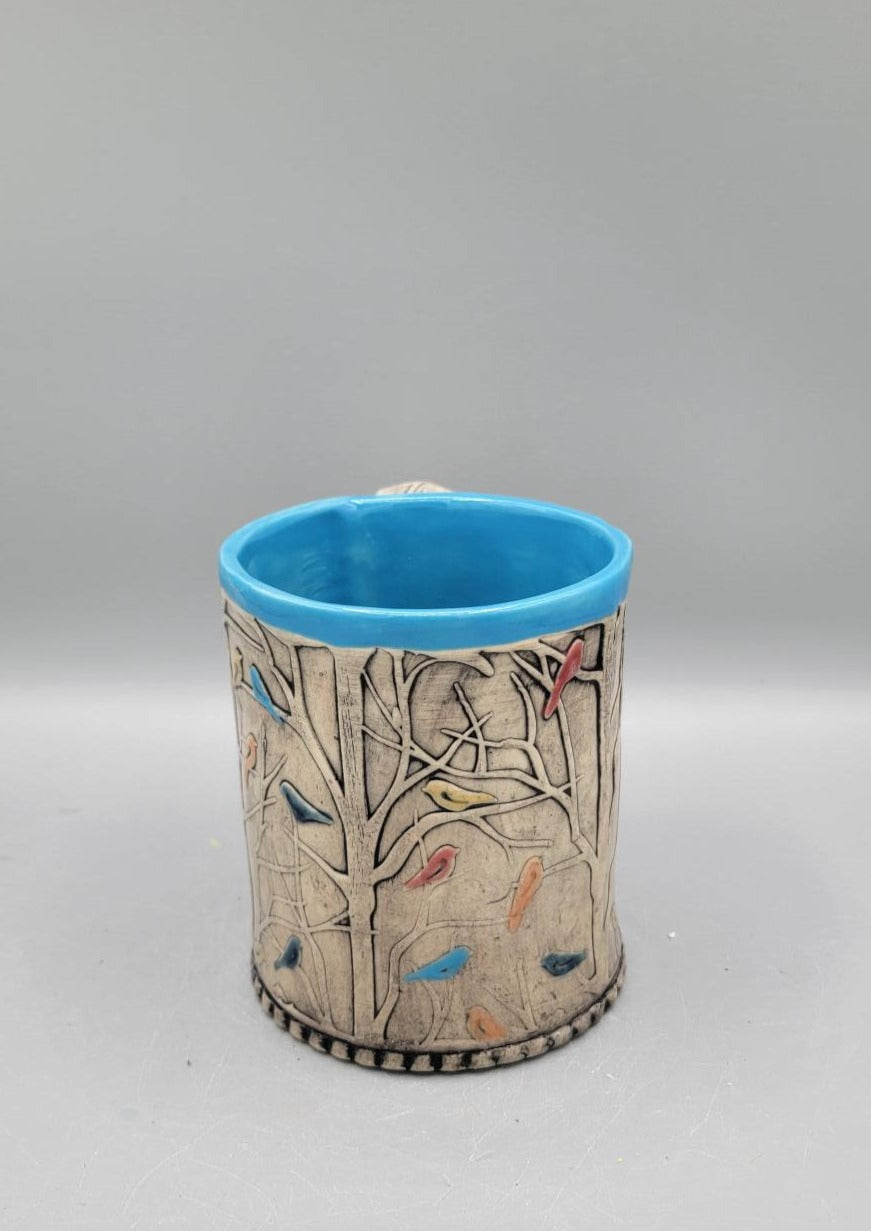 14-15oz Hand Painted, Embossed Birds in Forest Ceramic Mug