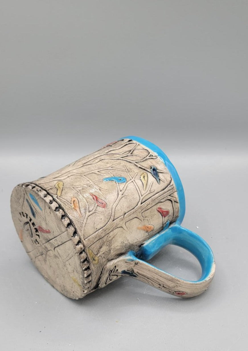 14-15oz Hand Painted, Embossed Birds in Forest Ceramic Mug
