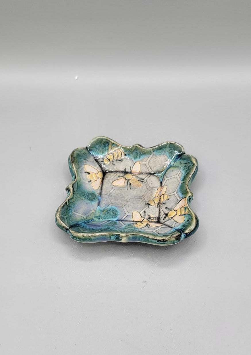 4 inch Hand Painted Embossed Bees Fancy Square Trinket Dish With Sunflower Bottom