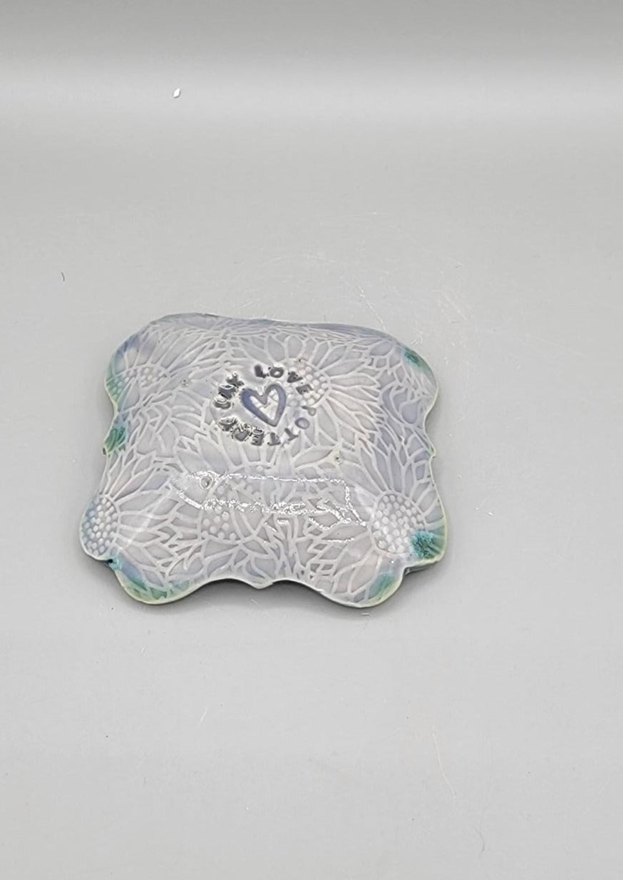 4 inch Hand Painted Embossed Bees Fancy Square Trinket Dish With Sunflower Bottom
