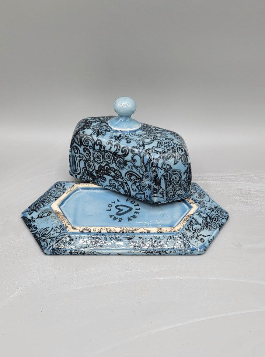 Blue Floral Lace Butter Dish