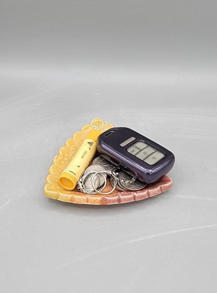 4 inch Embossed Roses Scalloped Triangle Trinket Dish Sunset Umbre