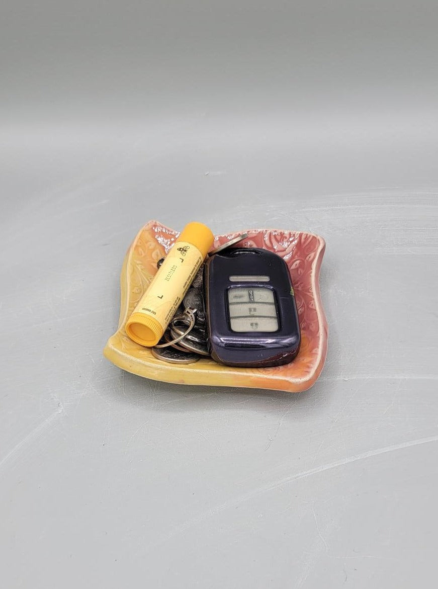 4 inch Embossed Roses Curvy Square Trinket Dish Sunset Umbre