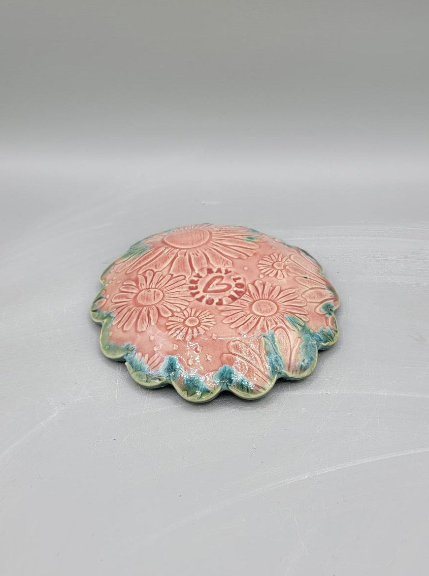 5 inch Embossed Daises Scalloped Circle Trinket Dish in Molly Dreams