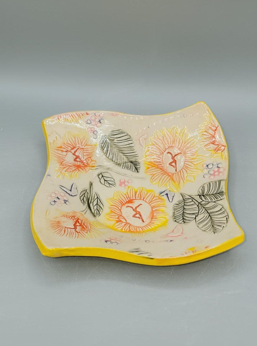 7 inch hand Painted Embossed Sunflowers with Dancers Curvy Square Trinket Dish #2