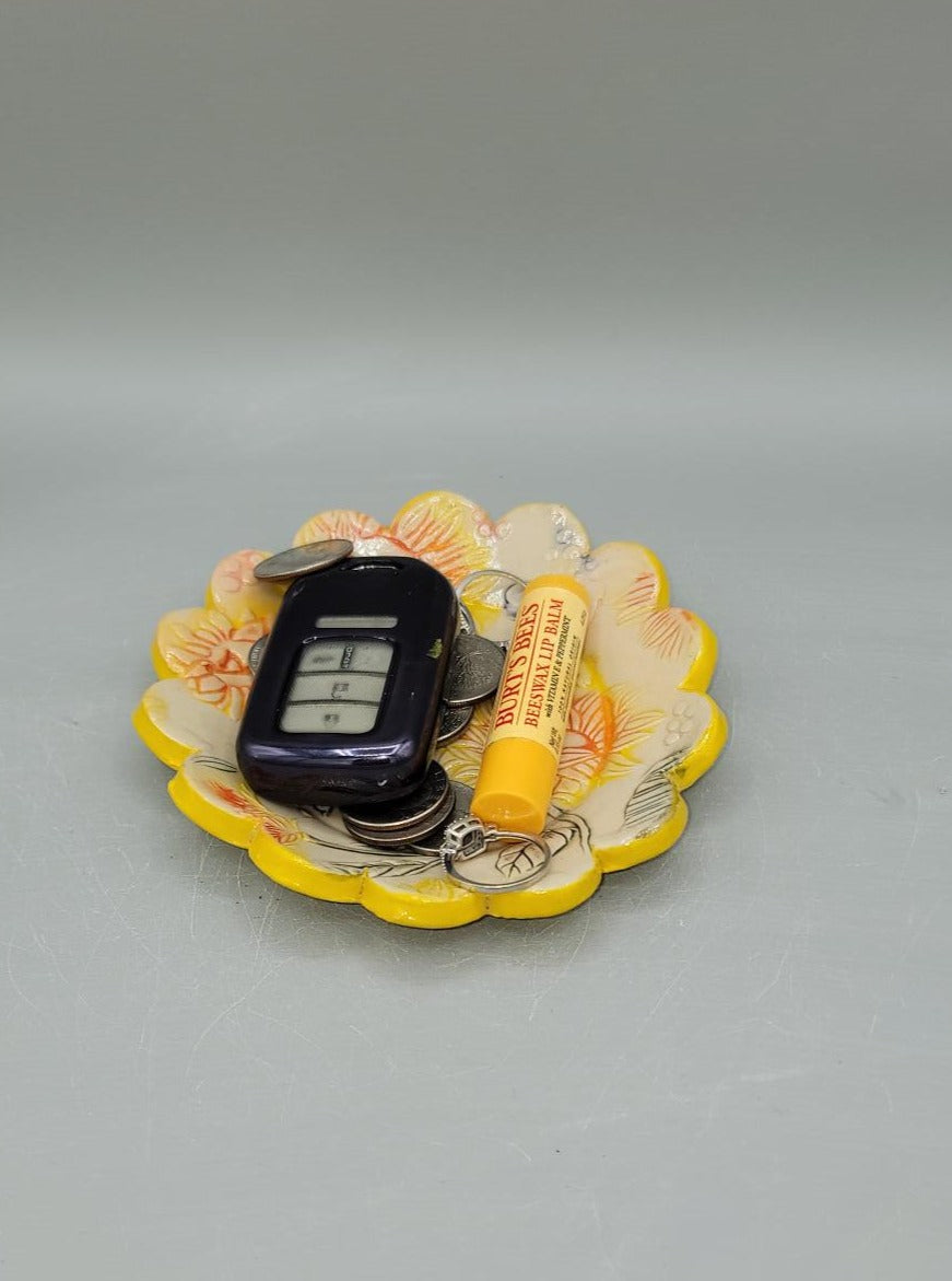 5 inch Hand Painted Embossed Sunflowers with Dancers Scalloped Circle Trinket Dish #1