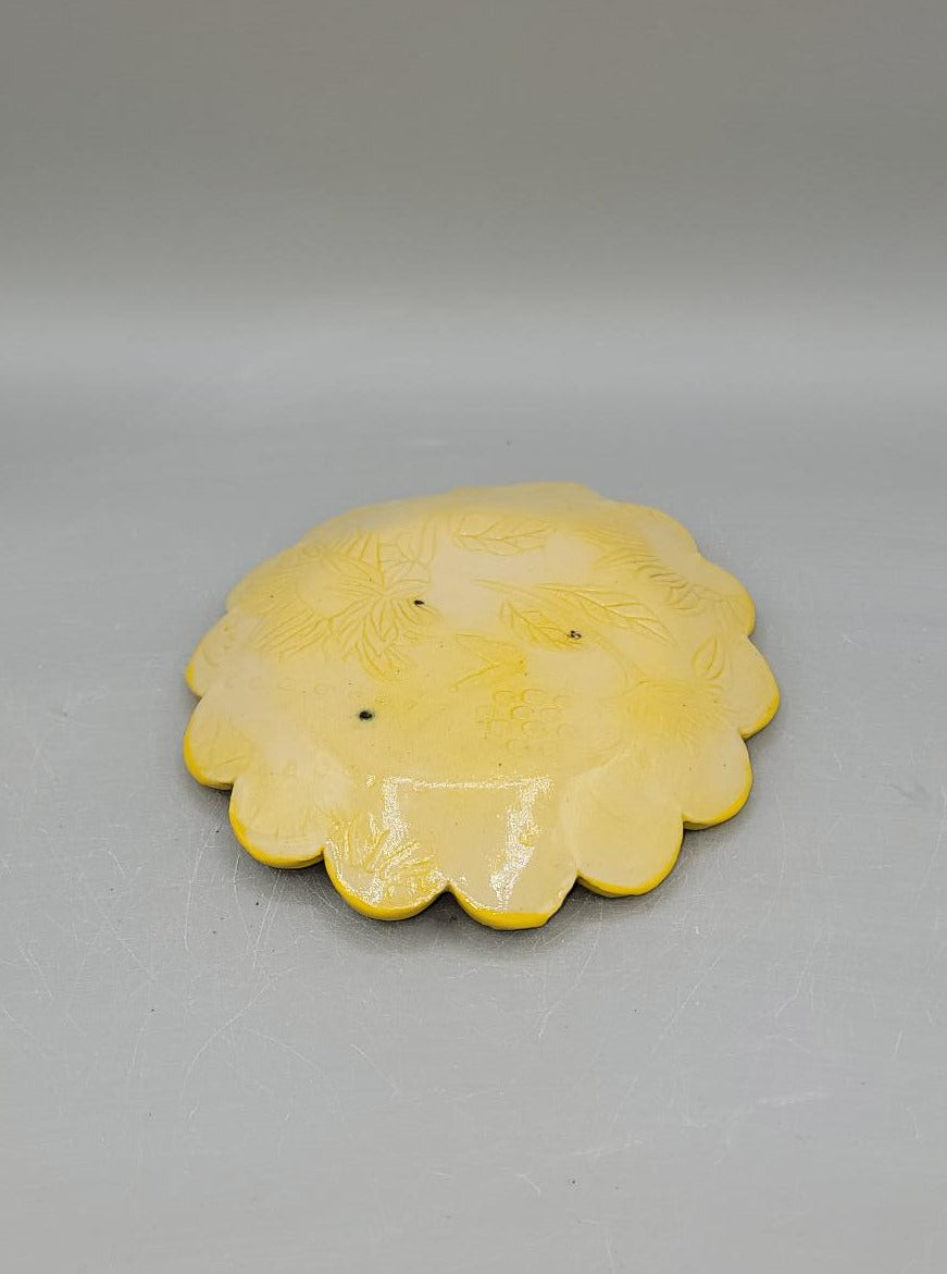 5 inch Hand Painted Embossed Sunflowers with Dancers Scalloped Circle Trinket Dish #1