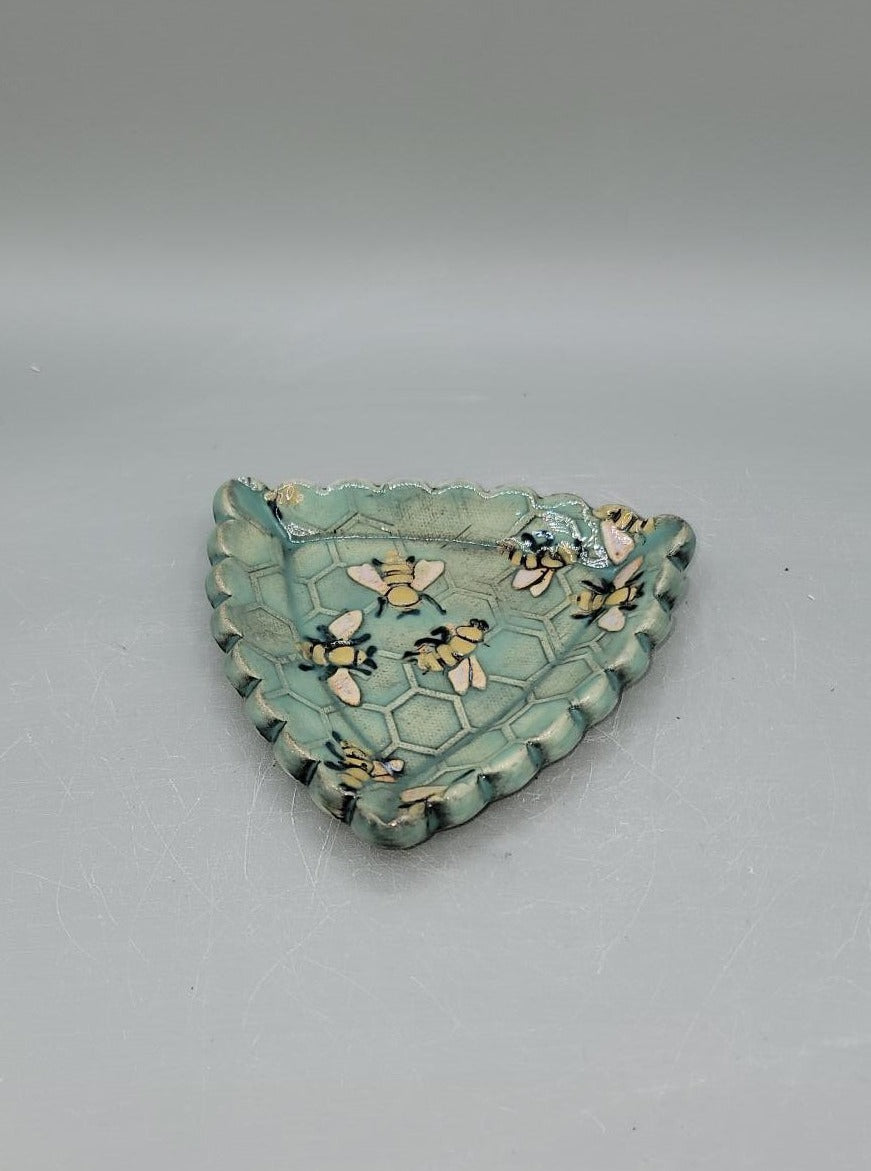 4 inch Hand Painted Embossed Bees & Honeycomb Scalloped Triangle Trinket Dish Minty Dreams
