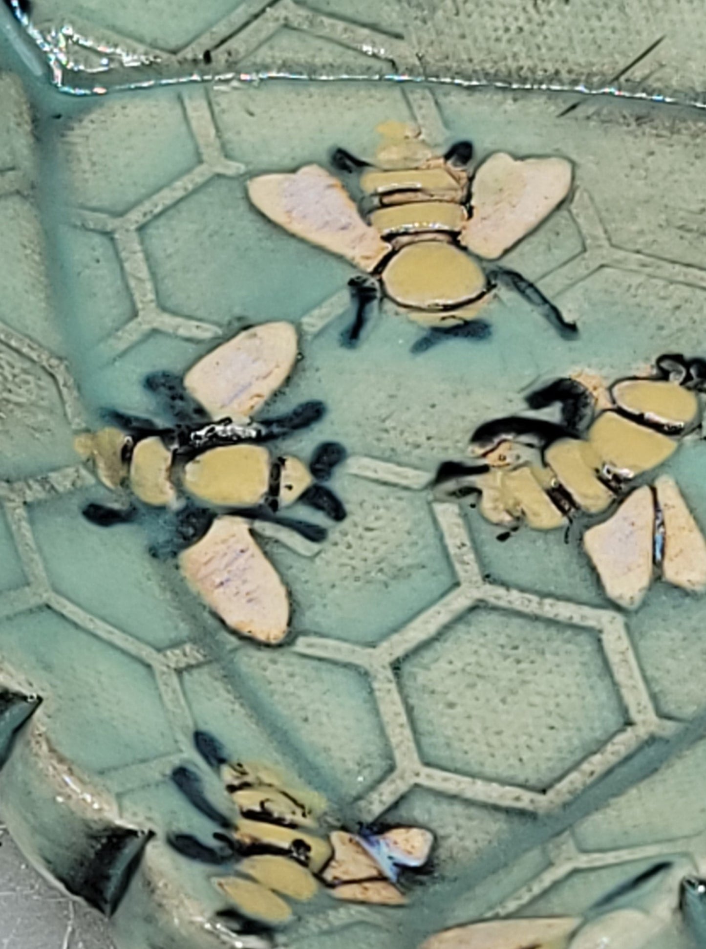 4 inch Hand Painted Embossed Bees & Honeycomb Scalloped Triangle Trinket Dish Minty Dreams