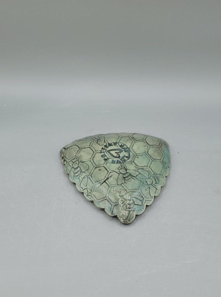 4 inch Hand Painted Embossed Bees & Honeycomb Scalloped Triangle Trinket Dish Minty Dreams