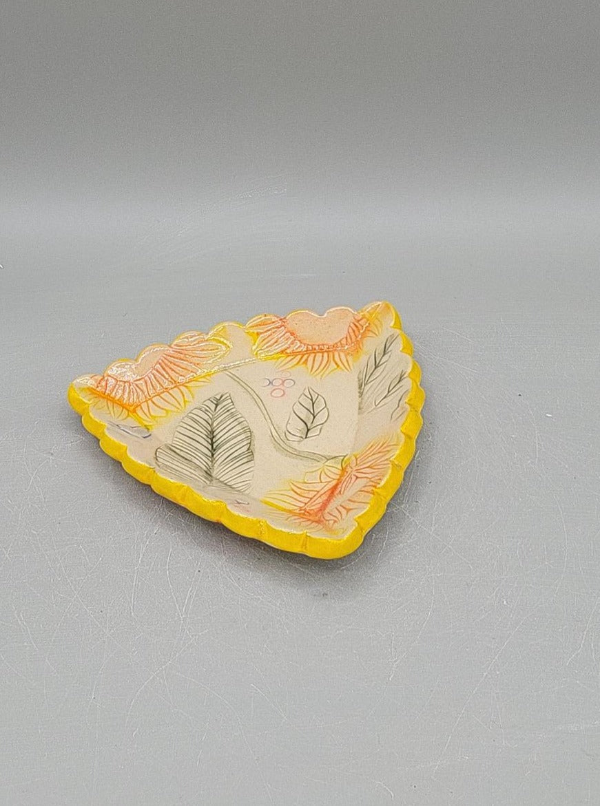 4 inch Hand Painted Embossed Sunflowers Scalloped Triangle Trinket Dish