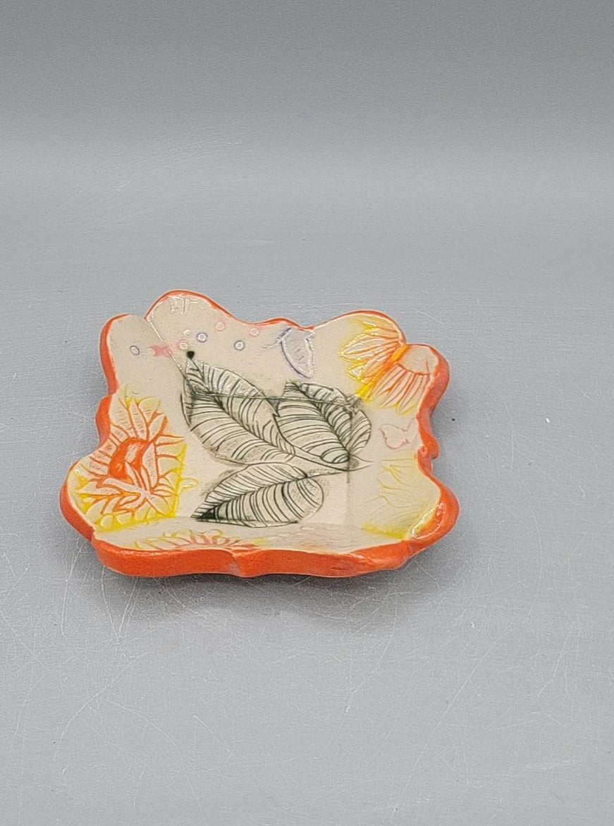 4 inch Hand Painted Embossed Sunflower Fancy Square Trinket Dish Sun Shine