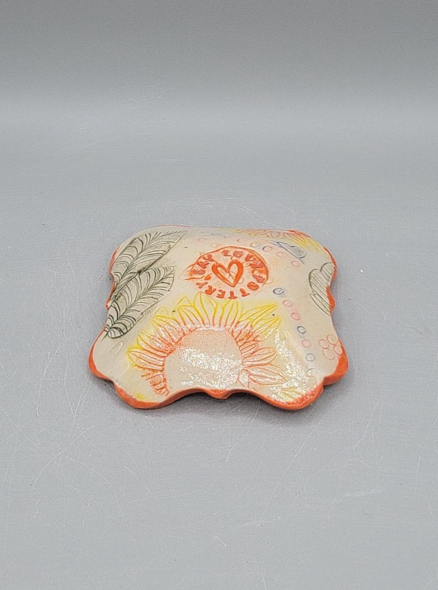 4 inch Hand Painted Embossed Sunflower Fancy Square Trinket Dish Sun Shine