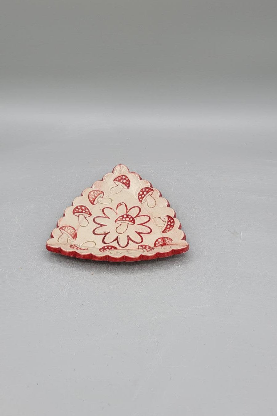 4 inch Hand Painted Mushrooms & Flower Scalloped Triangle Trinket Dish