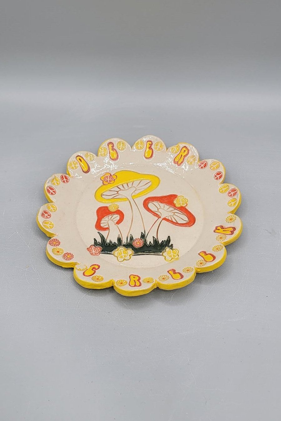 5 inch Hand Painted Deer Creek Mushrooms Scalloped Circle Trinket Dish #1