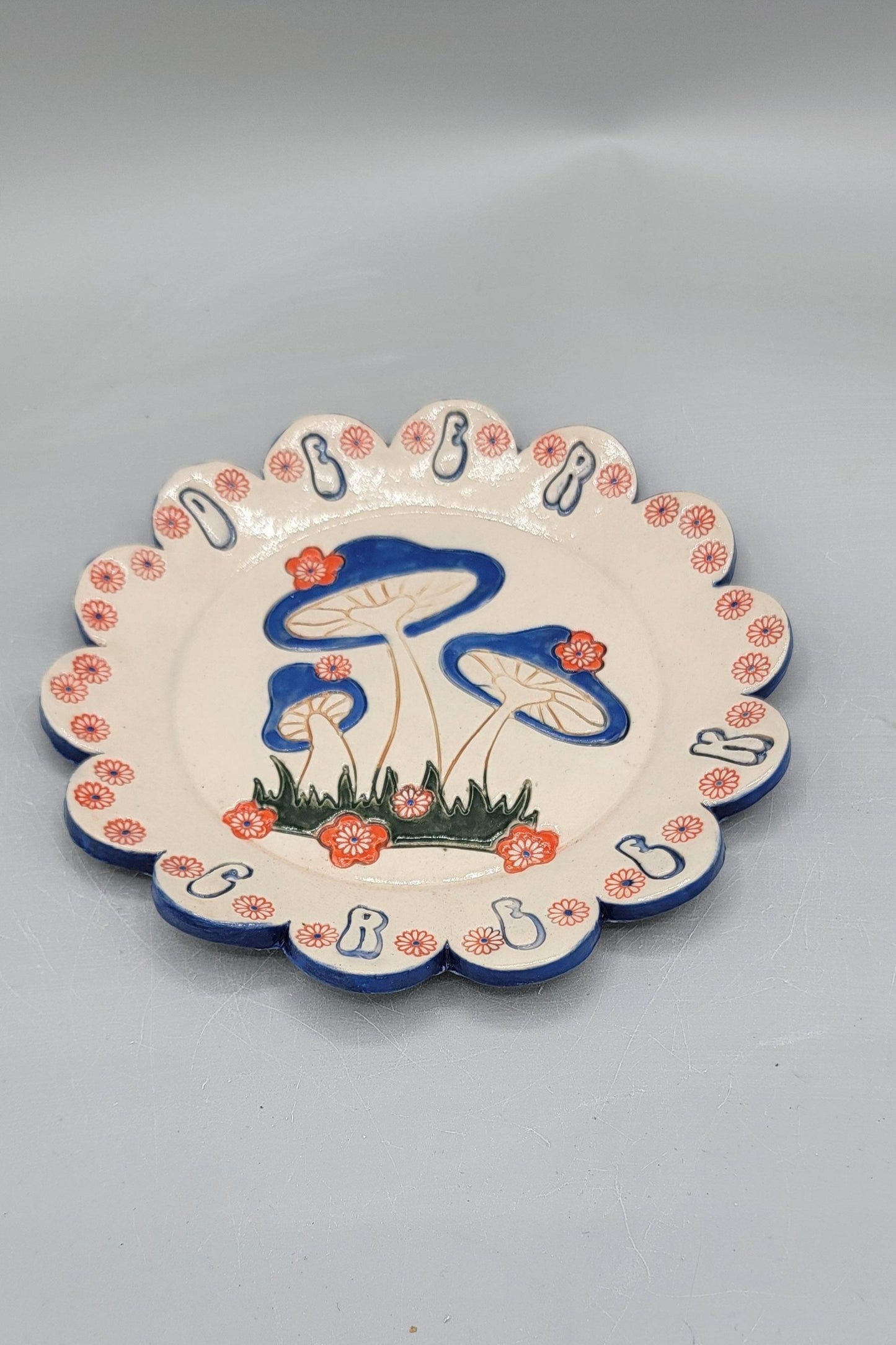 5 inch Hand Painted Deer Creek Mushrooms Scalloped Circle Trinket Dish #2