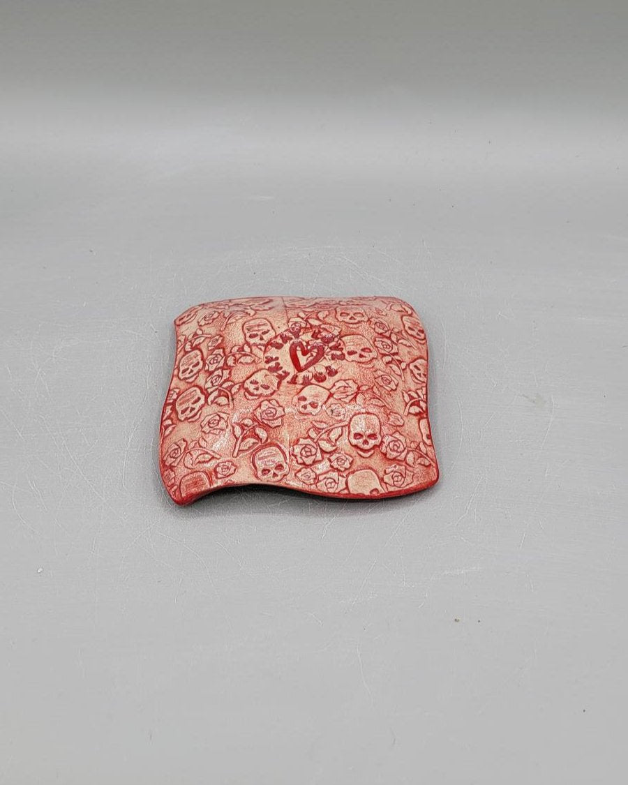 4 inch Skeletons & Roses Fancy Square Trinket Dish in Bright Red