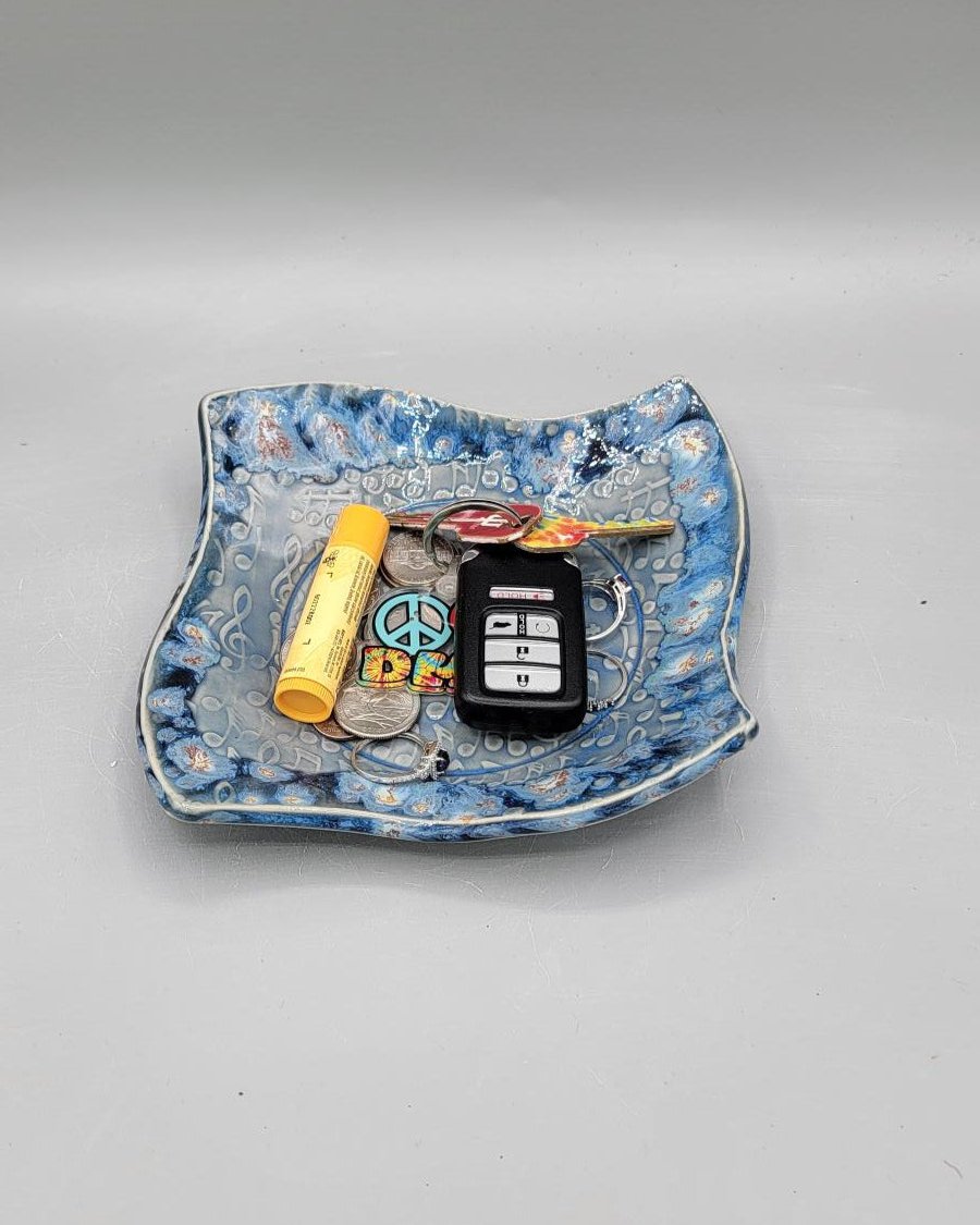 7 inch Embossed Music Notes Fancy Square Trinket Dish in Blue Galaxy