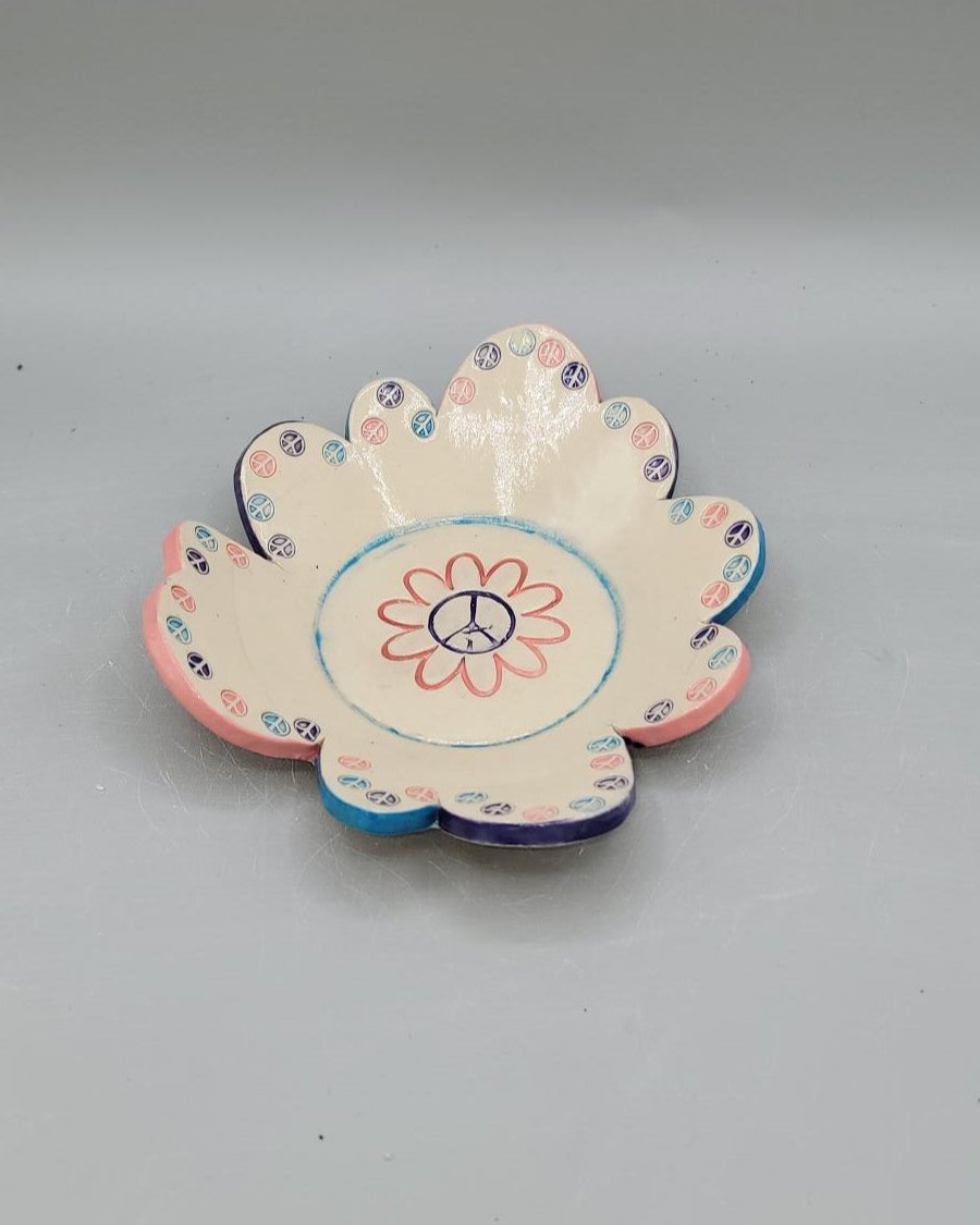 7 inch Hand Painted Flower Peace Flowered Shaped Circle Trinket Bowl in Cotton Candy Skies