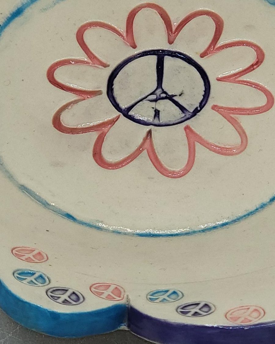 7 inch Hand Painted Flower Peace Flowered Shaped Circle Trinket Bowl in Cotton Candy Skies