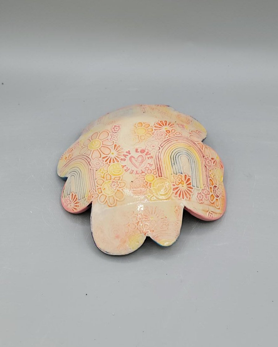 7 inch Hand Painted Flower Peace Flowered Shaped Circle Trinket Bowl in Cotton Candy Skies