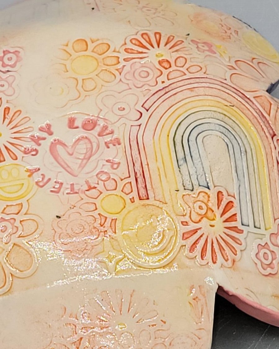 7 inch Hand Painted Flower Peace Flowered Shaped Circle Trinket Bowl in Cotton Candy Skies