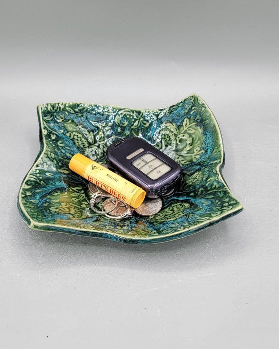 7 inch Embossed Dandelion Fluff Fancy Square Trinket Dish in Blue Dreams