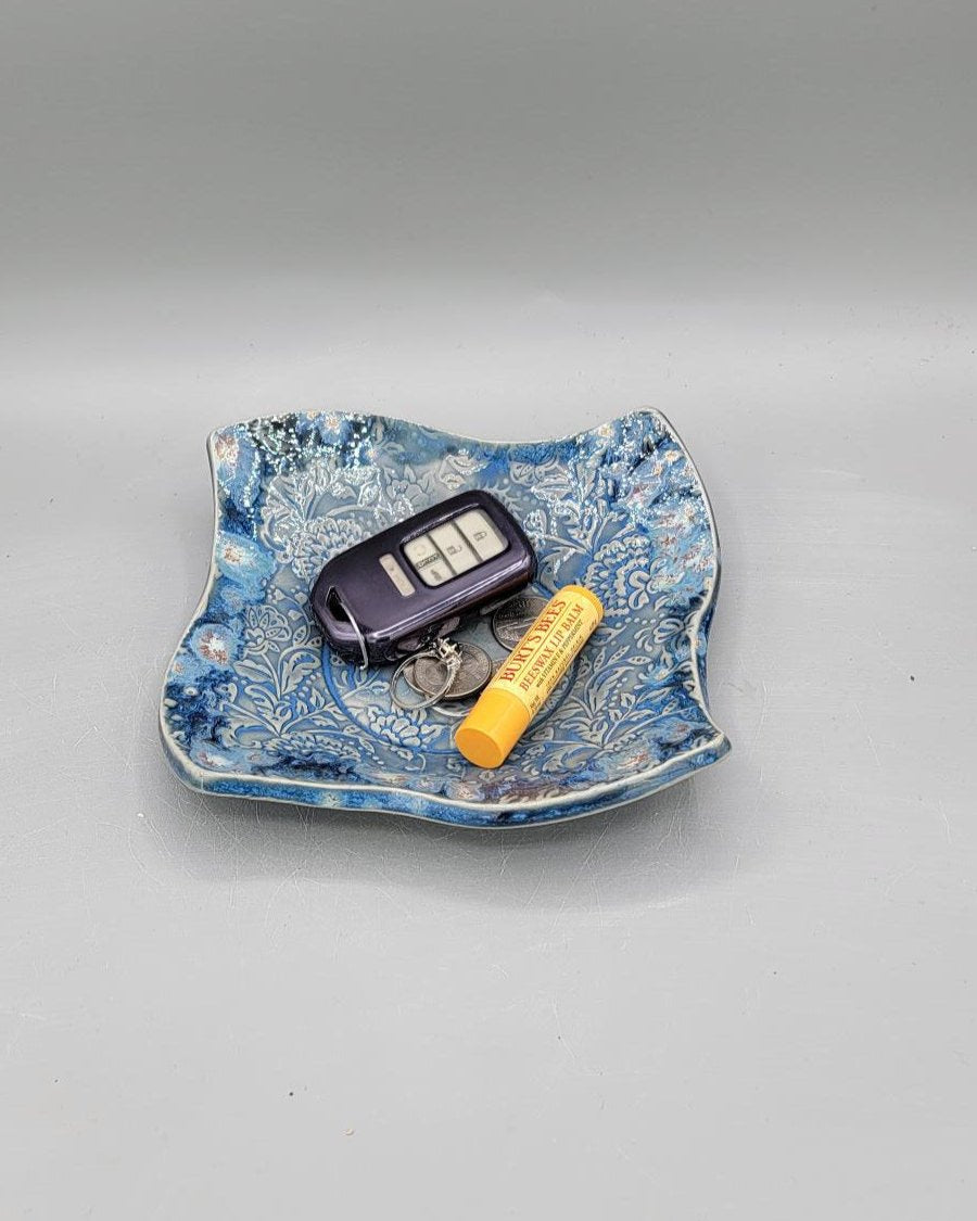 7 inch Embossed Dandelion Fluff Fancy Square Trinket Dish in Blue Galaxy