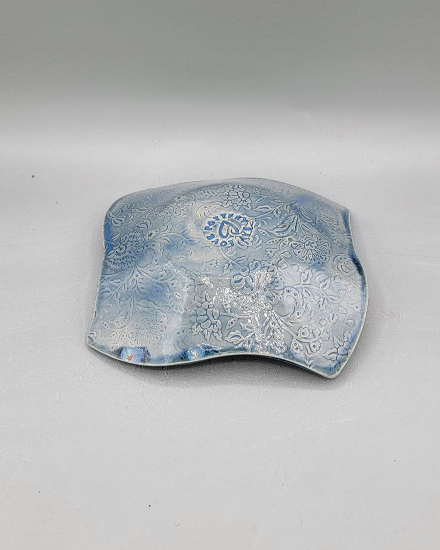 7 inch Embossed Dandelion Fluff Fancy Square Trinket Dish in Blue Galaxy