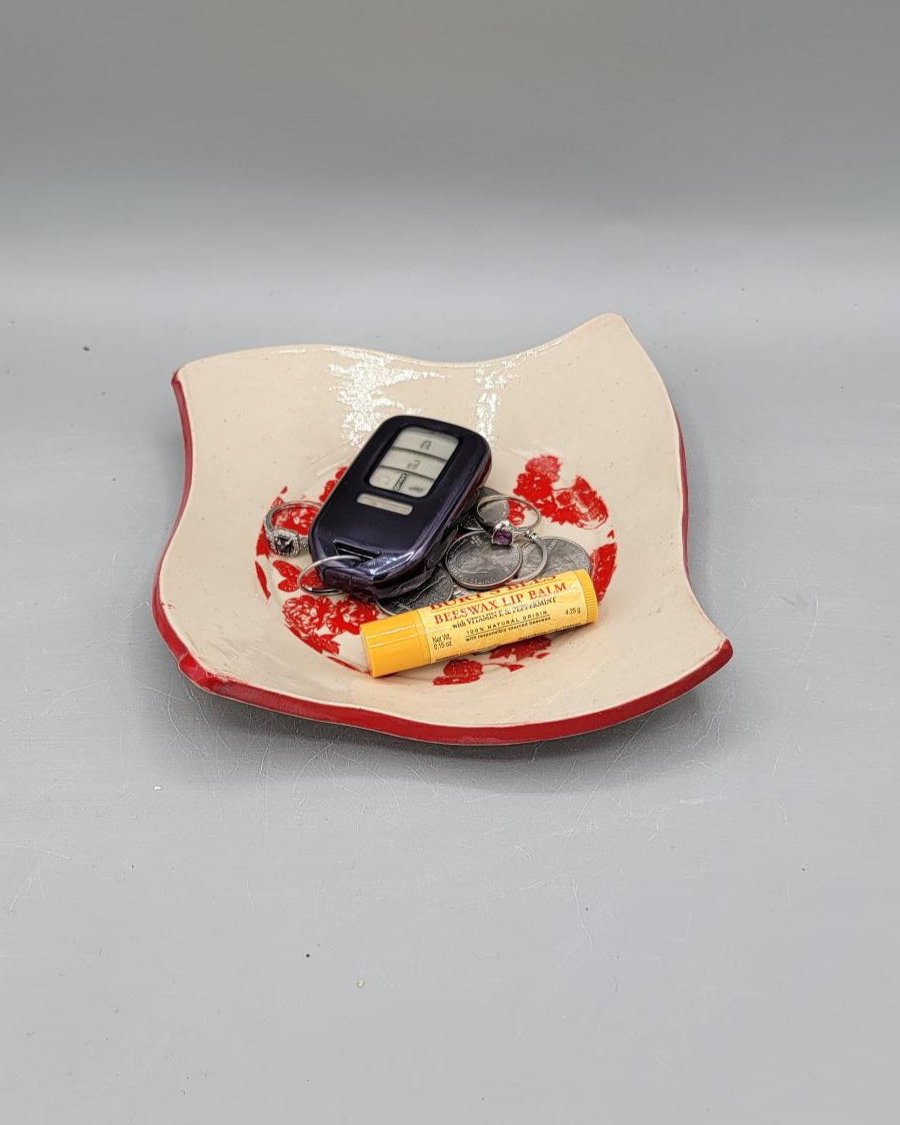 7 inch Skulls & Flowers Fancy Square Trinket Dish in Bright Red