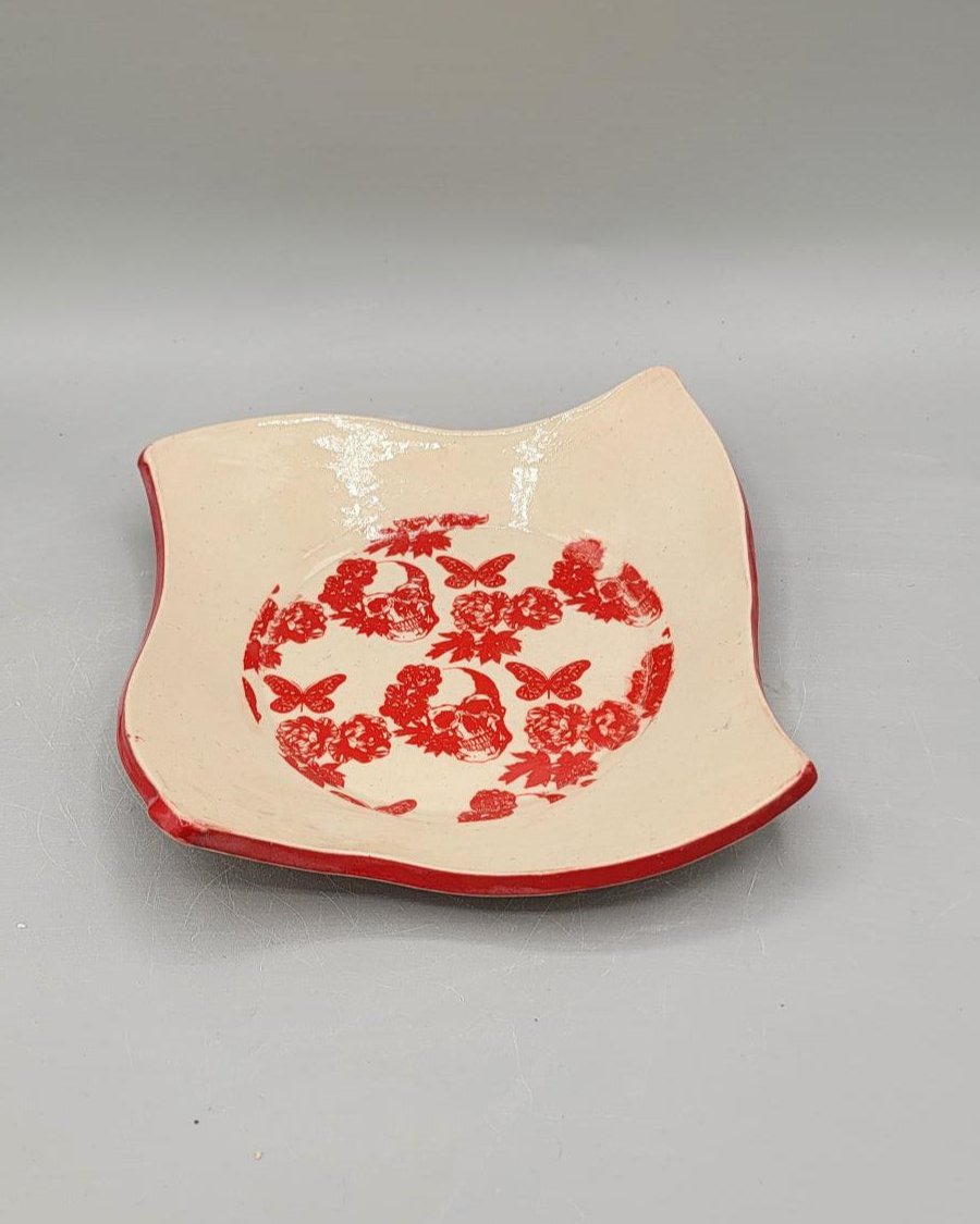7 inch Skulls & Flowers Fancy Square Trinket Dish in Bright Red