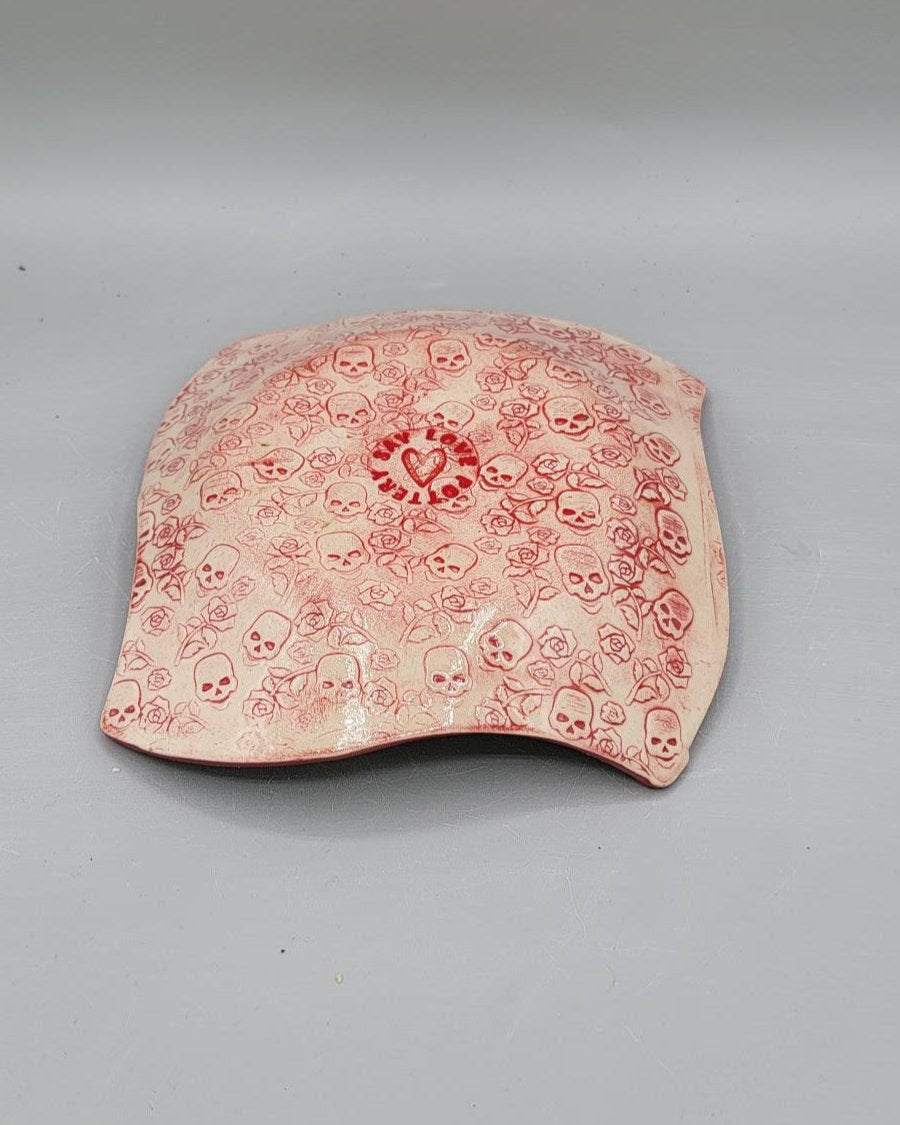 7 inch Skulls & Flowers Fancy Square Trinket Dish in Bright Red