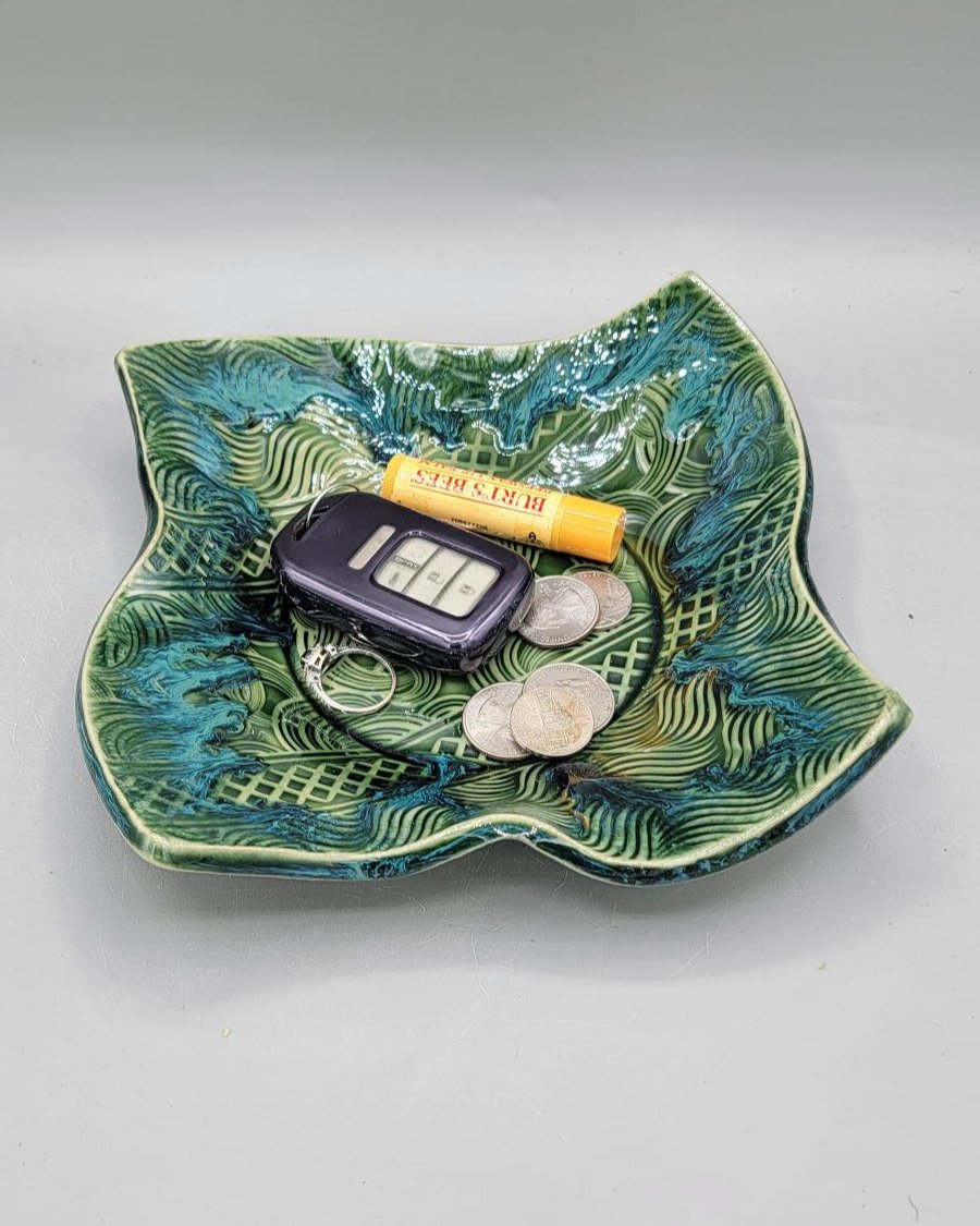 8 inch Embossed Geo Fancy Square Trinket Dish in Blue Dreams