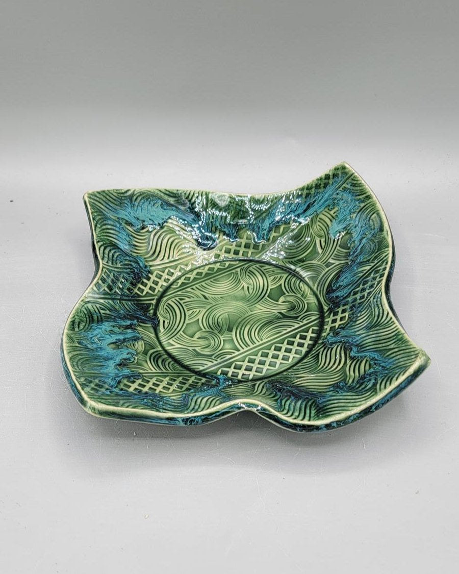 8 inch Embossed Geo Fancy Square Trinket Dish in Blue Dreams