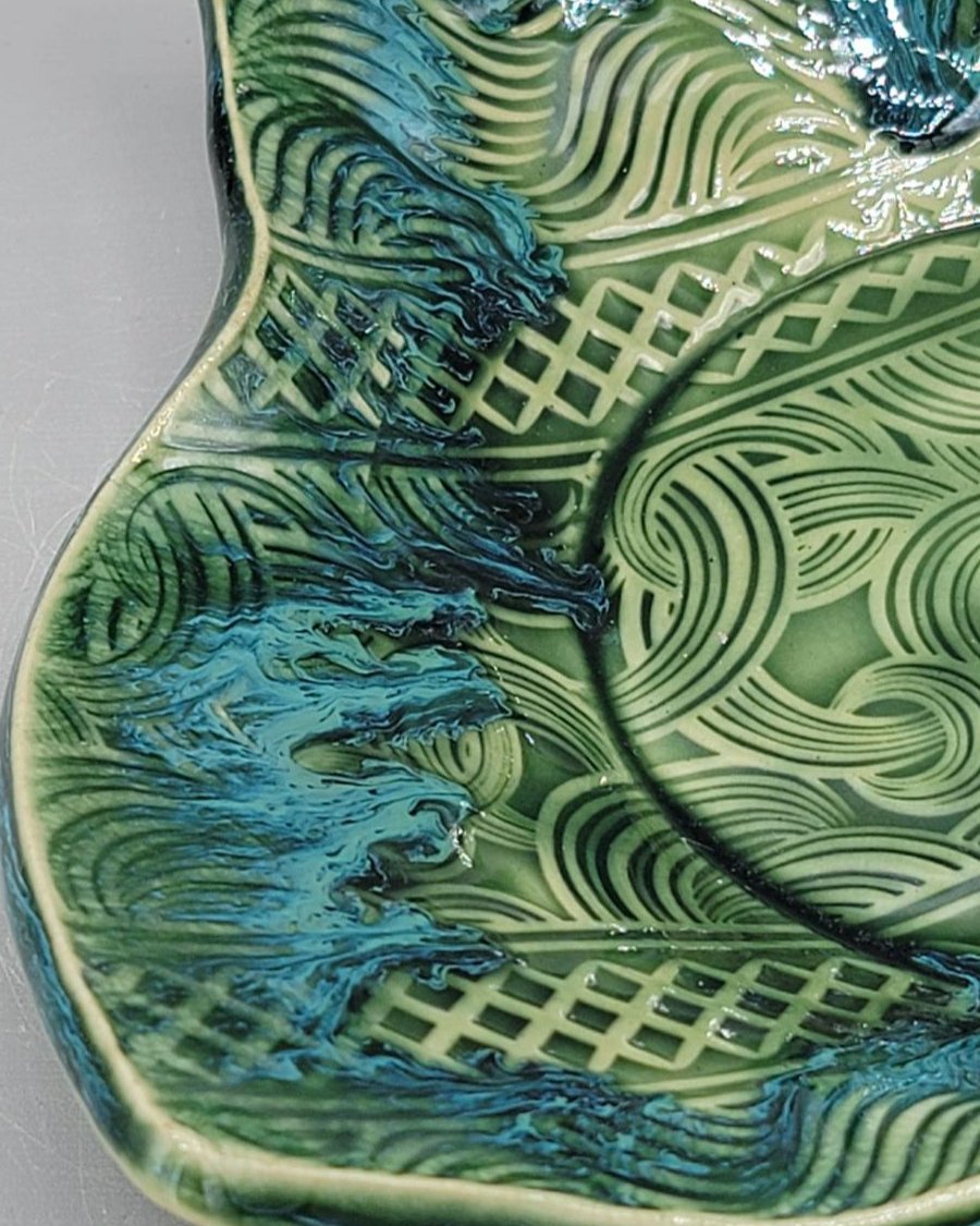 8 inch Embossed Geo Fancy Square Trinket Dish in Blue Dreams