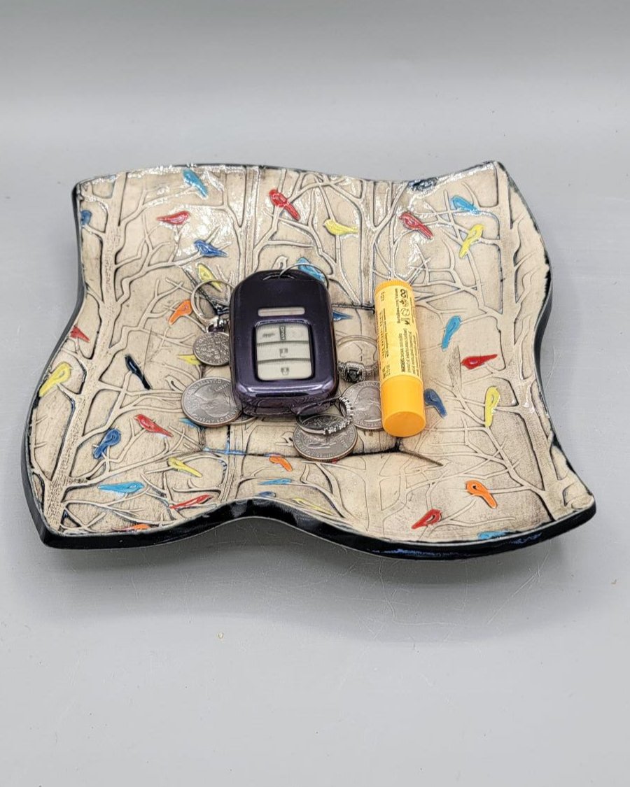 8 inch Hand Painted Multi Color Birds in the Forest Fancy Square Trinket Dish