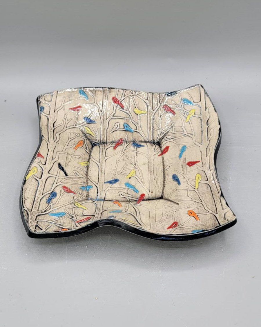 8 inch Hand Painted Multi Color Birds in the Forest Fancy Square Trinket Dish