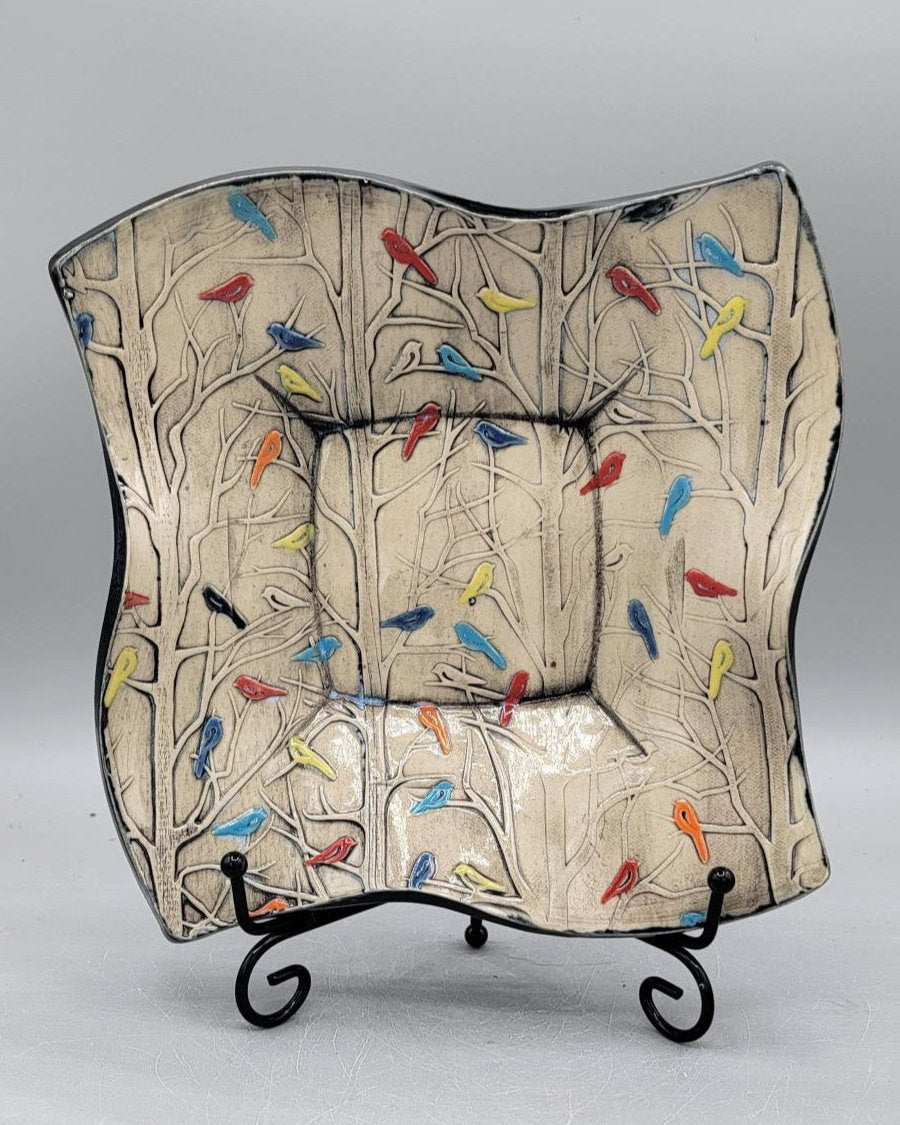 8 inch Hand Painted Multi Color Birds in the Forest Fancy Square Trinket Dish